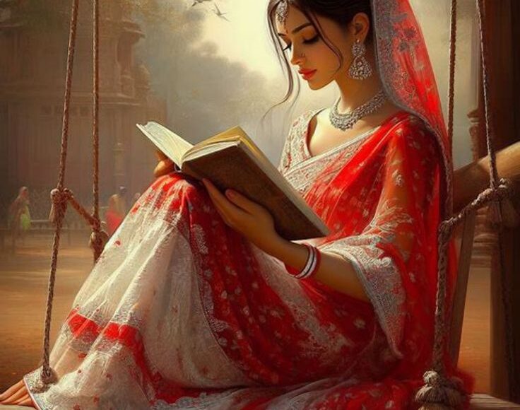 girl-in-red-saree-reading-a-book
